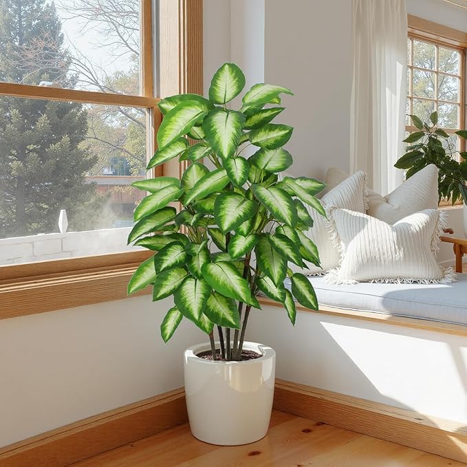 Artificial Golden Dieffenbachia 4ft Tall Artificial Plants Indoor Decorative Silk Plants Potted Faux Tropical Plants Lifelike House Floor Large Fake Plants for Home Living Room Decor