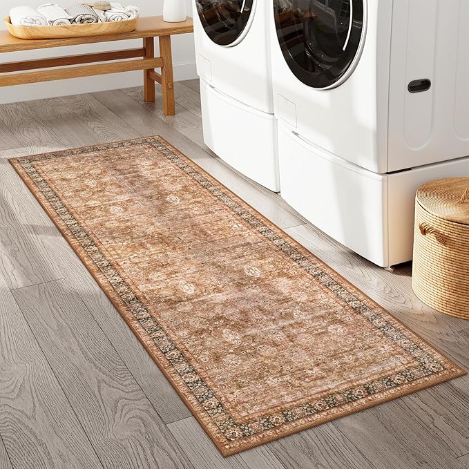 Morebes Washable Runner Rug,Boho Runner Rugs for Hallway 2x6, Non Slip Bathroom Rug, Non Shedding Distressed Floral Kitchen Mat Indoor Entrance Floor Carpet Runner for Dorm, Brown