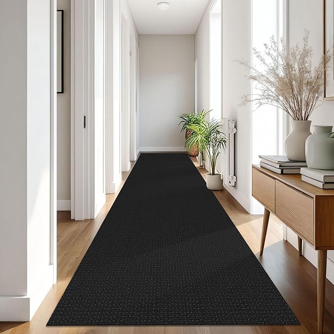 IOHOUZE Washable Exrea Long Hallway Runner Rug 3x16 Non Slip Rubber Backed Kitchen Runner Entryway Runner Indoor, Woven Rugs Floor Carpet for Kitchen Hall Entryway Stair, Black/Grey