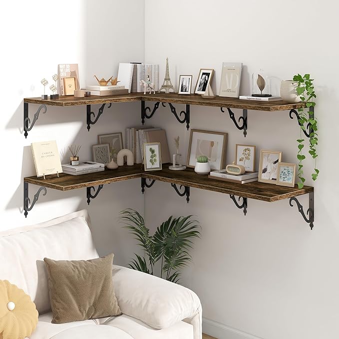 Deep Floating Shelves for Wall, 32"W x 8"D Wall Shelves, 12 Inch Deep Floating Shelf with Bracket, 32 Inch Floating shelves Set of 2, Rustic Shelves for Living Room, Bathroom and Kitchen, Rustic Brown