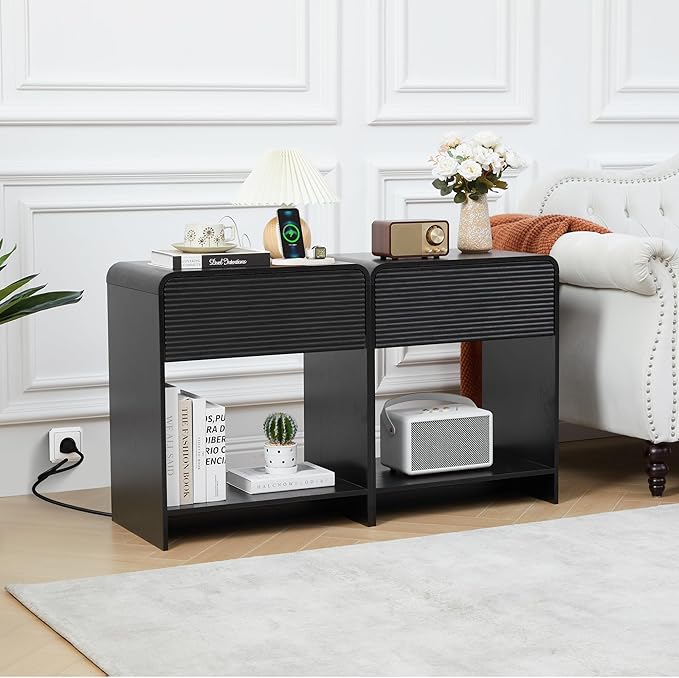 Fluted Nightstand Set of 2 with Charging Station, Modern Bed Side Table End Table with Drawer Storage, Large Wooden Night Stands Bedside for Bedroom Living Room Sofa Office, Black 2 Sets