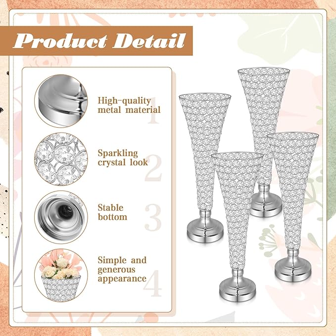 Rtteri 4 Pcs 20 Inch Tall Crystal Vase for Centerpieces Wedding Metal Crystal Trumpet Flower Vase Stand for Table Floor Wedding Party Favor Banquet Celebration, Classic Elegance (Silver)