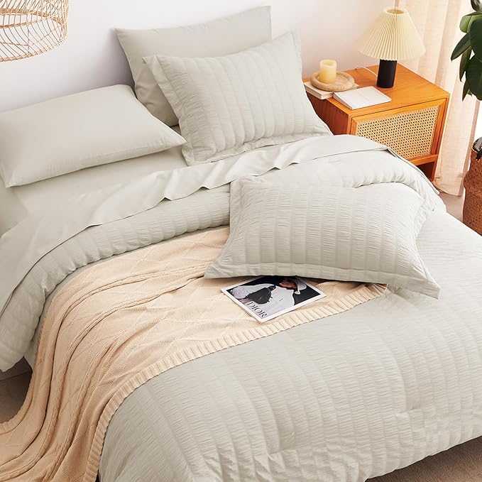 CozyLux Queen Comforter Set Oatmeal Seersucker 7 Pieces Bed in a Bag Queen Comforter Set with Sheets Luxury Soft Bedding Set with Down Alternative Comforter, Sheets, Pillowcases & Shams for All Season