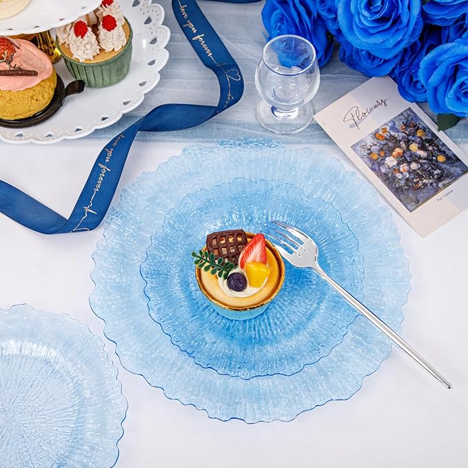 U-QE 60PCS Clear Blue Plates - Blue Plastic Plates Disposable&Reusable - Heavy Duty Plastic Plates for Party&Wedding Including 30 Dinner Plates 10.25" & 30 Appetizer Plates 7"