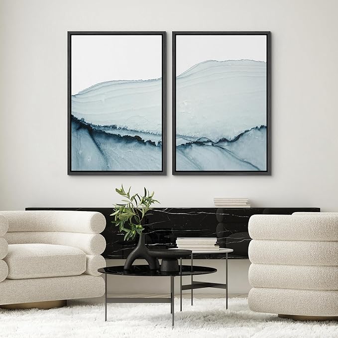 SIGNWIN Framed Wall Art Print Set Blue Paint Stroke Wave Collage Abstract Shapes Illustrations Modern Art Rustic Relax/Calm Multicolor for Living Room, Bedroom, Office - 24"x36"x2 Black