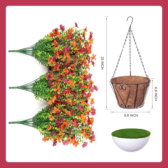 Artificial Fake Fall Hanging Flowers Plants with Basket for Outdoor Decor, Fake Mums Autumn Plants No Fade Plastic Faux Silk Daisy Flowers Fall Decoration for Outside Garden Porch Patio(Yellow Brown)