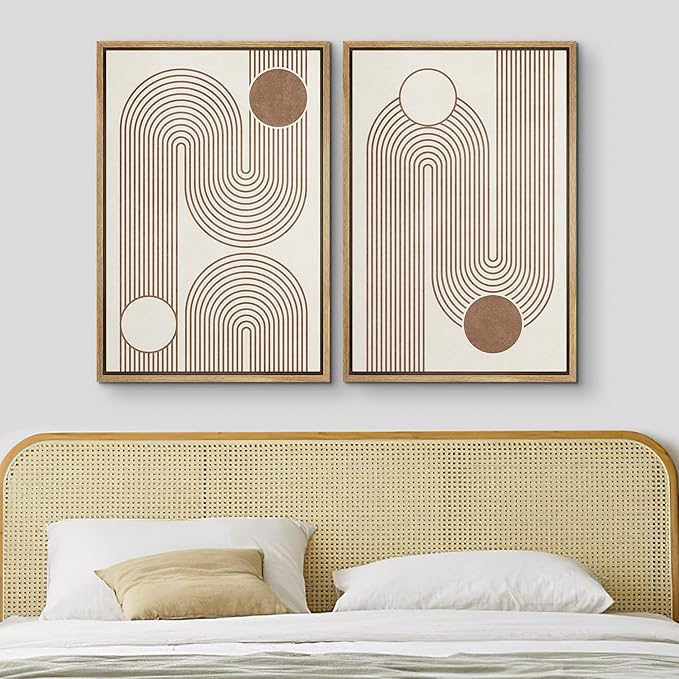 MUDECOR Framed Canvas Print Wall Art Set Geometric Mid-Century Circle Line Polygons Abstract Shapes Illustrations Modern Art Decorative Boho for Living Room, Bedroom, Office - 24"x36"x2 Natural