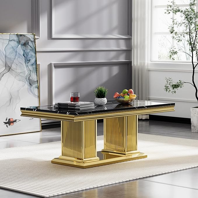 SSLine Rectangular Faux Marble Coffee Table for Living Room Modern Luxury Black Marble Center Table with Gold Pedestal Base 46.8" Mid-Century Cocktail Table with Mirrored Stainless Steel Frame