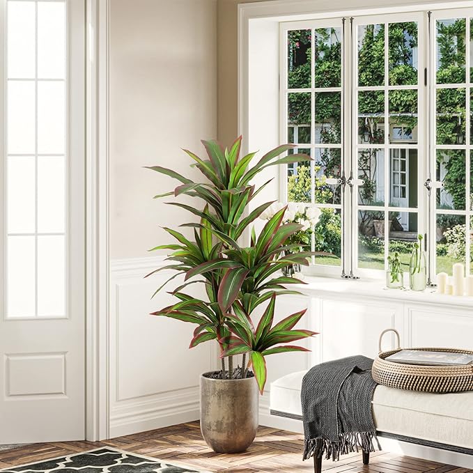 VIAGDO Dracaena Silk Plant Artificial 4ft Faux House Plants with Red Leaf Margin Fake Yucca Palm Trees in Pot Realistic Dragon Tree for Living Room Home Office Decor Indoor Outdoor