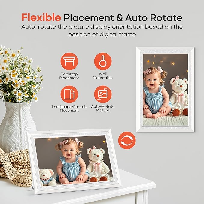 Frameo 10.1" Digital Picture Frame, Smart WiFi Digital Photo Frame with 1280x800 HD IPS Touch Screen 32GB Memory Auto-Rotate Wall Mounted, Share Photos/Videos from Phone Anywhere(White)