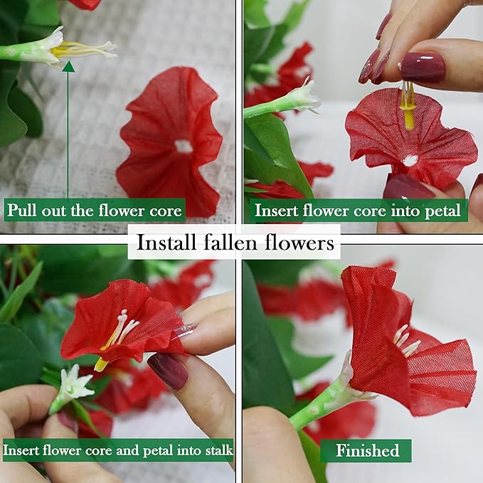 4 PCS Faux Hanging Plants Outdoor Artificial Hanging Red Flowers for Outdoors Faux Outdoor Plants for Planters Look Real for Outside Home Indoor Porch Patio Yard Decor