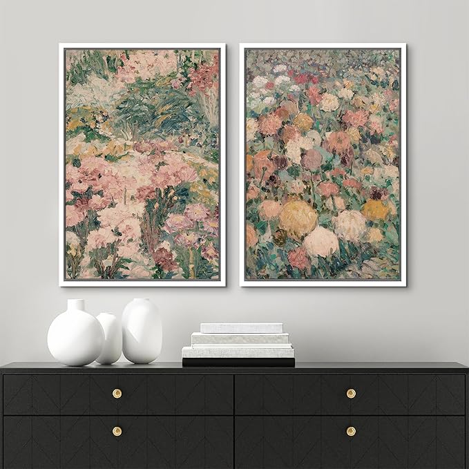 MUDECOR Framed Canvas Print Wall Art Impressionist Floral Garden Vintage Botanical Illustrations Modern Art Decorative Bohemian Colorful Chic for Living Room, Bedroom, Office - 24"x36"x2 White