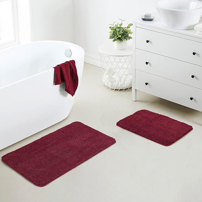 YHF Bathroom Rug Set 2 Piece, Extra Thick & Soft Microfiber Shaggy, Machine Washable Bath Mats, Absorbent Bath Rugs, Non-Slip Rubber Backing Bath Mat for Bathroom Floor, Tub and Shower, Burgundy