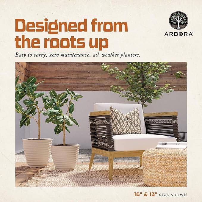 ARBORA 16" Ibiza Polyresin Indoor and Outdoor Planter with Classic Cream Finish - Durable, Weatherproof, Lightweight, Large Plant Pot for Patio, Garden, Deck, Entryway