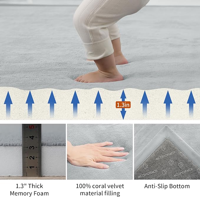 ACOMOPACK Baby Play Mat for Floor,1.3" Thick Memory Foam Area Rug for Living Room,Soft Velvet Crawling with Non-Slip Bottom for Kid,Toddler,59"×71" Tummy Time Nursery Rugs,Yoga（Light Grey）