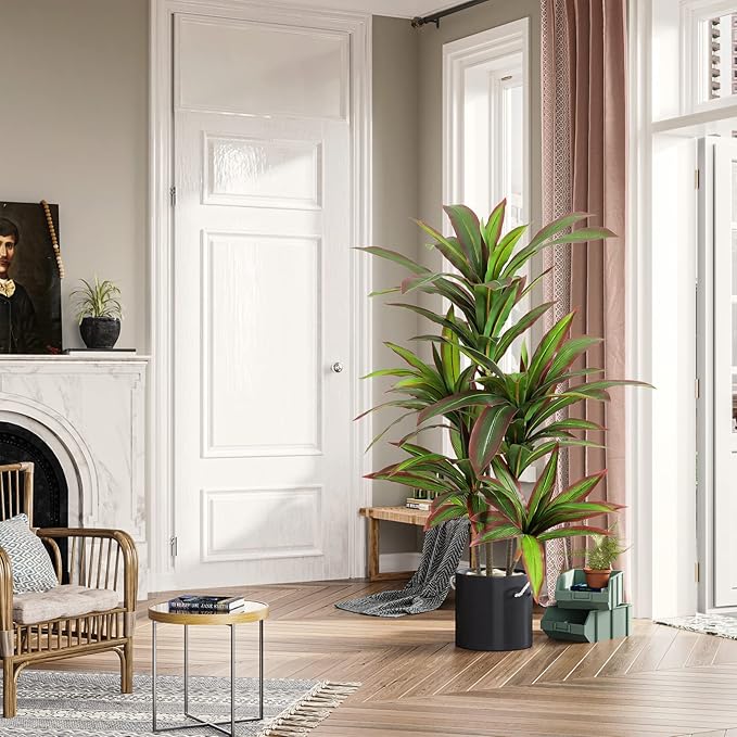 VIAGDO Dracaena Silk Plant Artificial 4ft Faux House Plants with Red Leaf Margin Fake Yucca Palm Trees in Pot Realistic Dragon Tree for Living Room Home Office Decor Indoor Outdoor