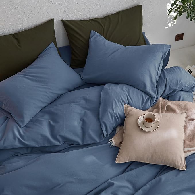 MooMee Twin Duvet Cover Set, 100% Washed Cotton Linen Twill Thick Sturdy Material Super Soft Breathable Durable Bedding for All Season, 2 Pieces (Blue, Twin 68"x90")