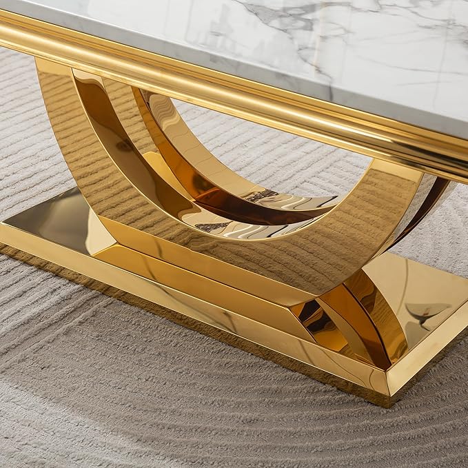 Modern Marble Coffee Table with Stainless Steel Pedestal, 47" Luxury Gold Coffee Tables for Living Room, Unique Faux Marble Cocktail Table Rectangle Funky Coffee Center Table for Living Room