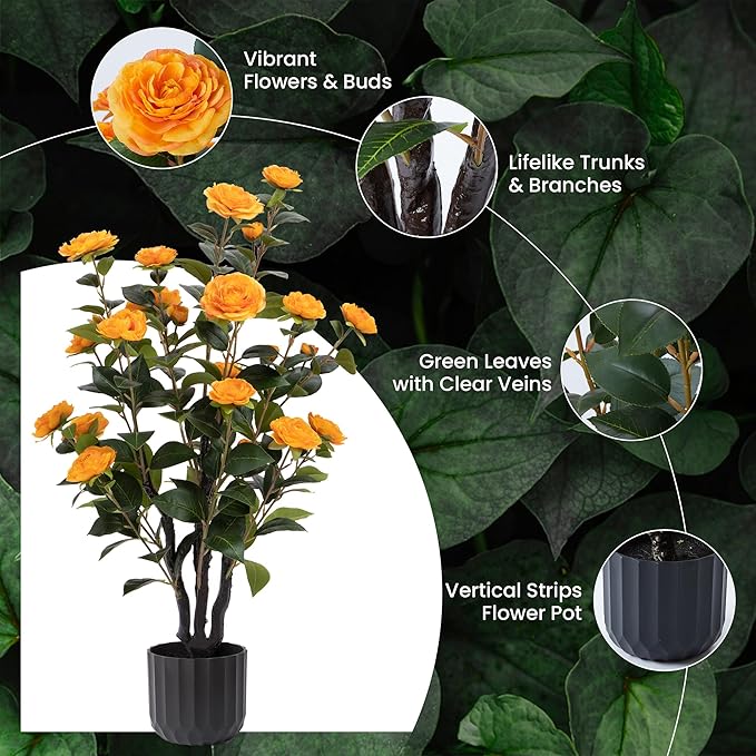 3.2FT Artificial Camellia Trees, Orange Silk Flowers, Indoor Faux Plants with Realistic Trunk in Black Cement Pot for Home House Living Room Bedroom Office Decor, 2pcs