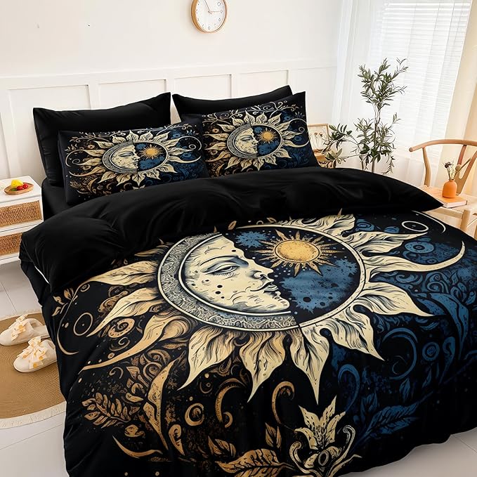 Sun and Moon Comforter Set Black Boho Bedding Set Celestial Galaxy Starry Space Bedding Comforter Mandala Exotic Black Bed in A Bag King Size