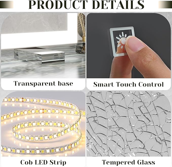 32x 22 Inch Large Lighted Vanity Mirror with Dimmable 3 Modes, LED Makeup Mirror for Bathroom ＆ Dressing Room, Tabletop or Wall-Mounted, White
