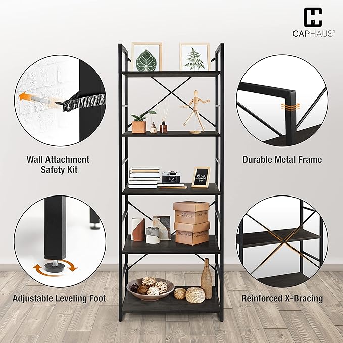 CAPHAUS 5 Tier Bookshelf, 24 Inch Width Free Standing Shelf, Bookcase Shelf Storage Organizer, Industrial Book Shelves for Home Office, Living Room, Kitchen, Black Vintage Shelves & Metal Frame
