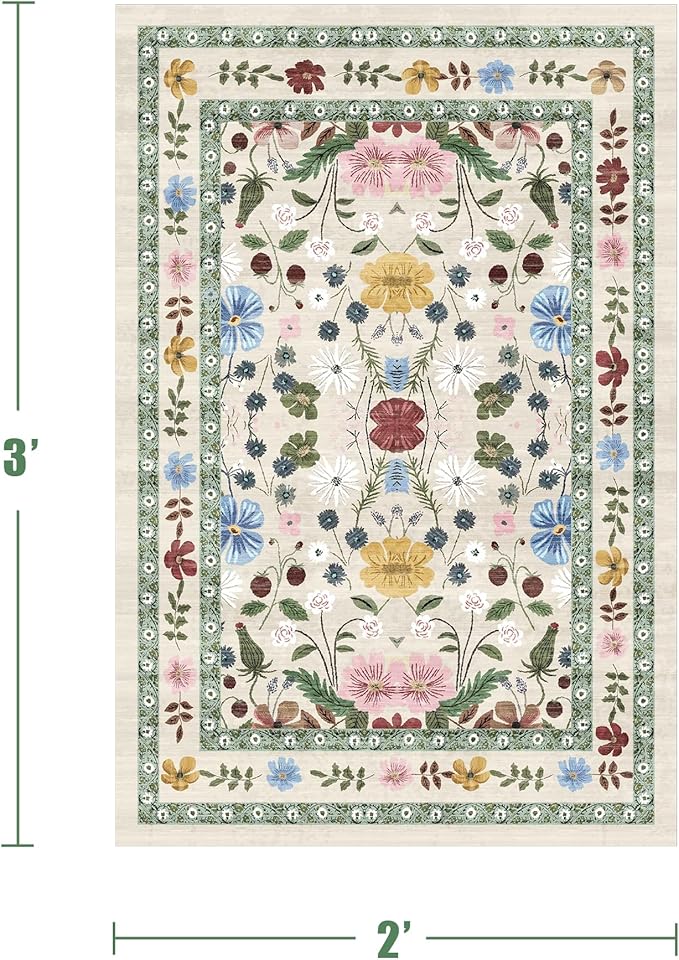 Deerly Floral Entryway Rug 2x3 Small Vintage Boho Bathroom Door Mat Washable Non-Slip Soft Low Pile Thin Indoor Carpet Home Decor for Kicthen Entrance Farmhouse Throw Rug, Beige/Green/Multi