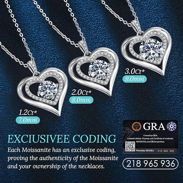 Moissanite Heart Pendant Necklaces for Women, 925 Sterling Silver Gold Plating Lab-Created Gem Necklace Engraved with 'I LOVE YOU', Ideal Anniversary Birthday Christmas Valentine Engagements Mothers Day Jewelry Gifts for Mom Wife Girlfriend Daughter Her