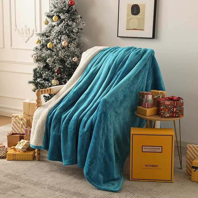 WOOMER Electric Heated Blanket Full Size, Soft Flannel Fast Heating Blanket, Teal Color, 77"x 84", 10 Heating Levels & 0.5-12H Auto Off, Over-Heat Protection