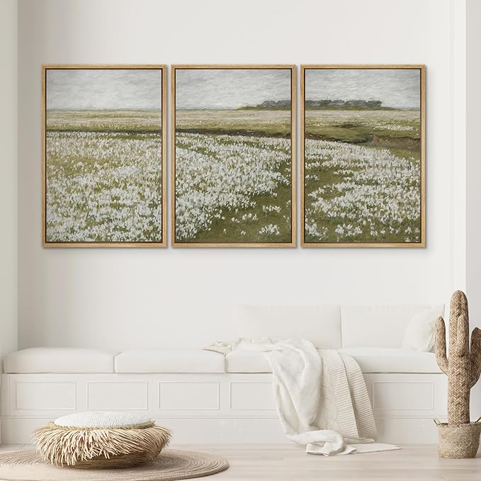 SIGNWIN Framed Canvas Print Wall Art Set White Daisy Flower Country Farm Field Nature Abstract Illustrations Fine Art Decorative Nordic for Living Room, Bedroom, Office - 16"x24"x3 Natural