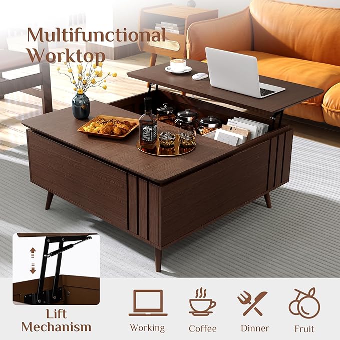 Lift Top Coffee Table, Mid Century Modern Center Table with Large Hidden Storage Compartment, 36" Square Coffee Tables for Living Room, Home Office, Dark Walnut