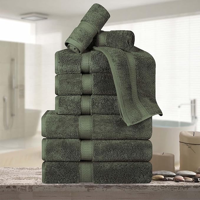 BNM Egyptian Cotton Heavyweight Towels, Ideal For Bathroom, Shower, Spa, Hotel, 800 GSM, Face/ Washcloths, Hand Towels, Bath Towels, Highly-Absorbent, Luxury Basics, 9 Piece Towel Set, Forest Green