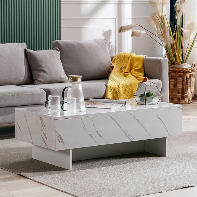 COSVALVE 41" Marble White Cool Coffee Table for Living Room,Rectangular Glossy Smart Contemporary Center Table for Waiting Area,White