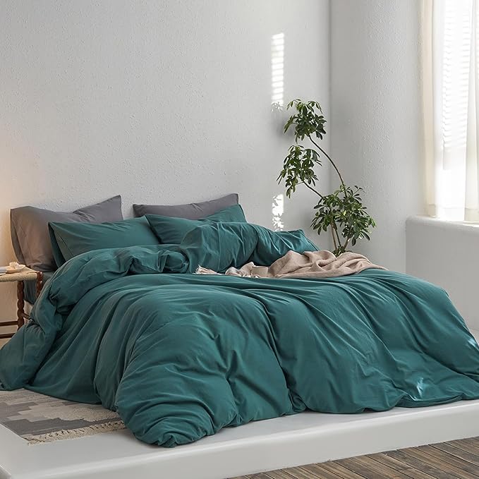 MooMee Queen Duvet Cover Set, 100% Washed Cotton Linen Like Twill Thick Sturdy Material Super Soft Breathable Durable Bedding for All Season, 3 Pieces (Green, Queen 90"x90")