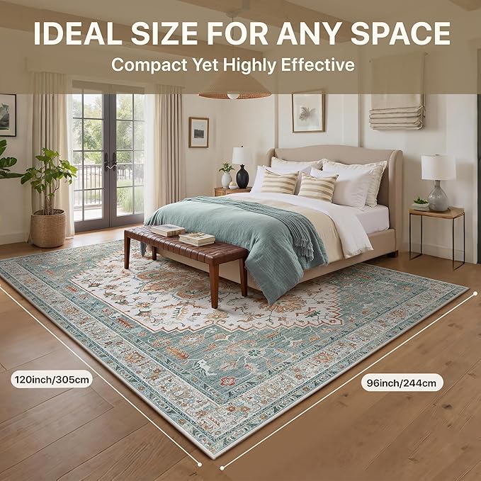 GENIMO 8X10 Area Rugs for Living Room, Machine Washable Vintage Floor Cover Foldable Modern Non Slip Rug, Low Pile Soft Indoor Carpet Floral Print Mat Rug,Bedroom/Dining Room/Home Office,Mint Green