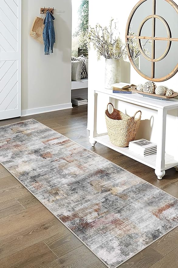 vivorug Runner Rug 2'x7' Machine Washable Non-Slip Runners for Hallways Kitchen Entryway Laundry Room Modern Abstract Carpet Hallway Runner Grey/Rust