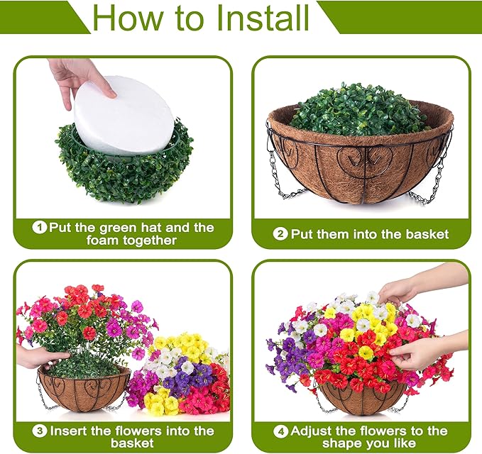 Artificial Fake Hanging Flowers Baskets for Outdoors, Faux Plants Silk Morning Glory in Planter Look Real UV Resistant Outdoor Flower for Outside Porch Patio Balcony Garden Yard Home Decor