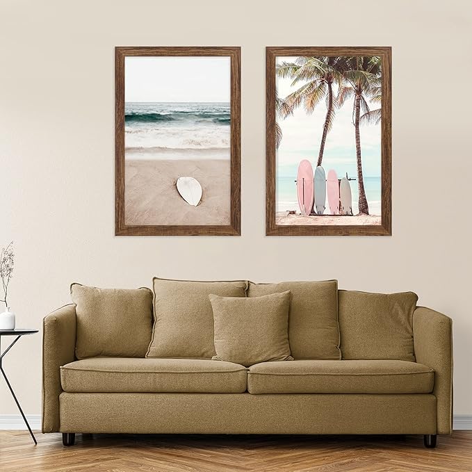 11x17 Frame Set of 2, Rustic Brown Wood Style - Display 11 x 17 Poster without Mat or 8x12 Picture with Mat, Wall Mounting Horizontal and Vertical