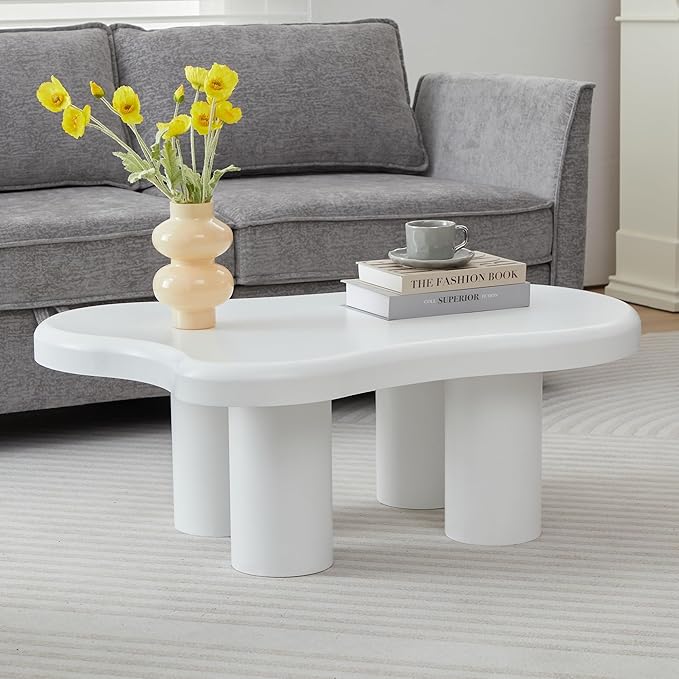 Cloud Coffee Table, Cute Irregular Coffee Table with Wide Tabletop, Accent Center Table, Cloud Shape Modern Coffee Tables for Living Room, Home Office (White)