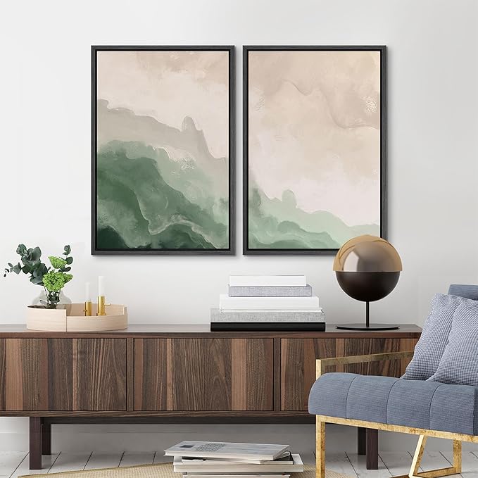 MUDECOR Framed Canvas Print Wall Art Soft Green and Beige Abstract Calming Watercolor Landscape Illustrations Modern Art Decorative Bohemian Chic for Living Room, Bedroom, Office - 16"x24"x2 Black
