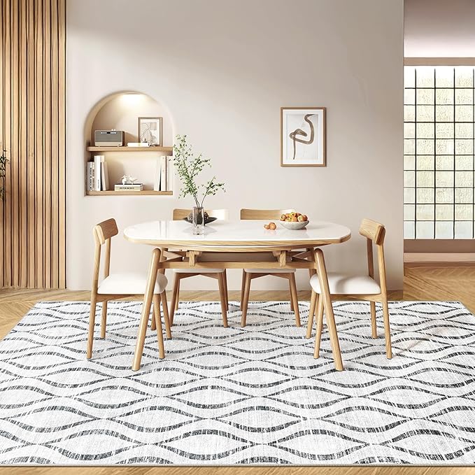 WITSHOCK 9x12 Area Rugs: Washable Non-Slip Geometric Boho Print Pattern Large Thin Indoor Rug for Living Room Bedroom Under Dining Table, Carpet for Nursery Playroom Decor, Kid & Pet Friendly, Grey