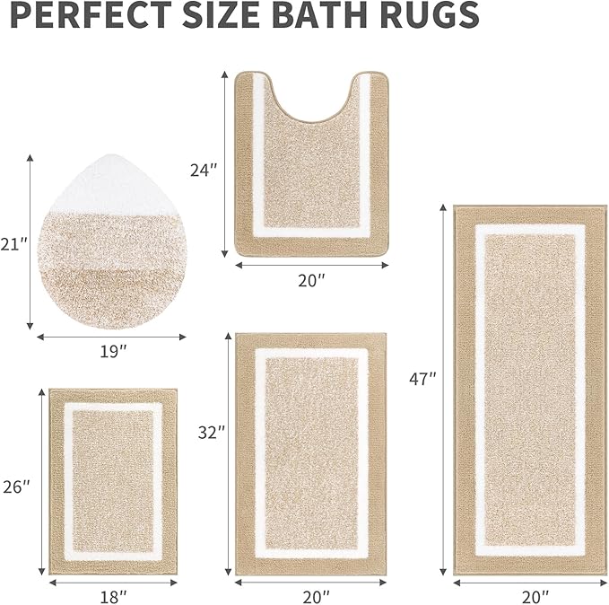 Pauwer Bathroom Rugs Set 5 Piece, Plush Absorbent Microfiber Bath Mats for Bathroom, Non Slip Washable Bath Rug Set with U Shaped Contour Toilet Rugs, Shower Rug and Toilet Lid Cover, Beige