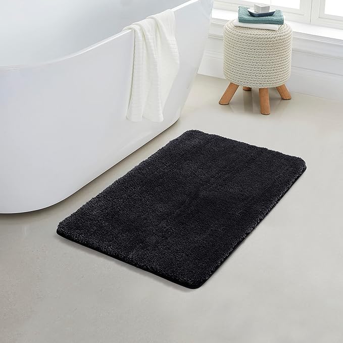 YHF Bathroom Rugs 17" X 24", Extra Thick & Soft Microfiber Shaggy, Machine Washable Bath Mats, Absorbent Bath Rugs, Non-Slip Rubber Backing Bath Mat for Bathroom Floor, Tub and Shower, Black