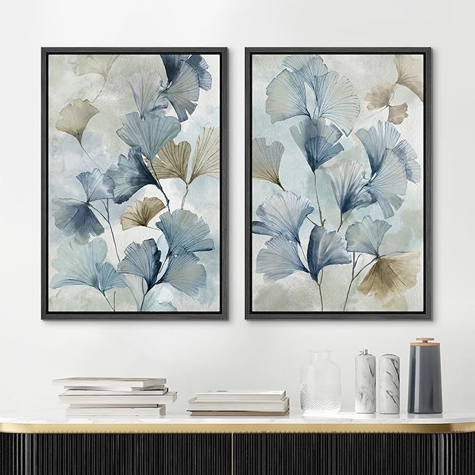 MUDECOR Framed Canvas Print Wall Art Blue Ginkgo Flower Illustrations Modern Art Decorative Bohemian Colorful Chic for Living Room, Bedroom, Office - 16"x24"x2 Black