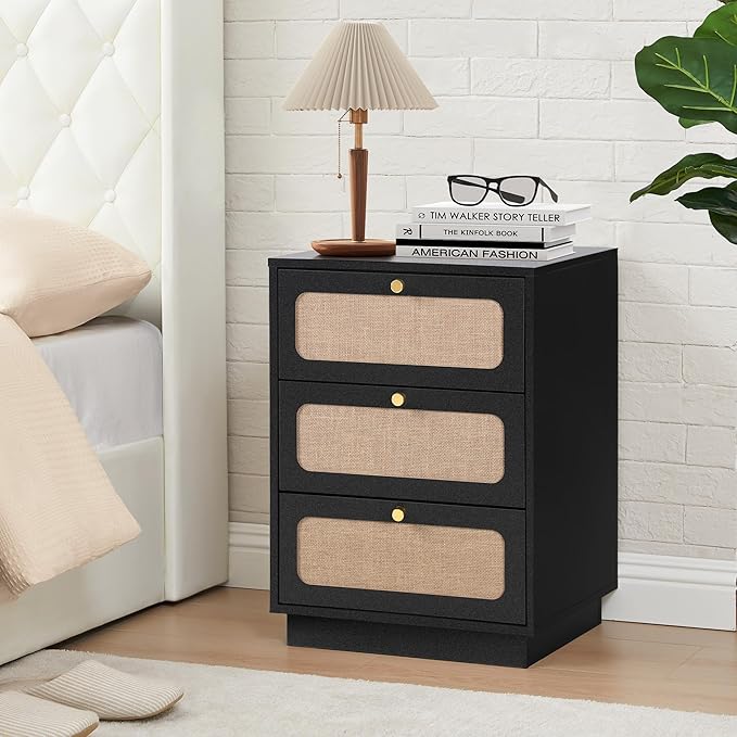 Nightstand with 3 Linen Drawers, Mid Century Modern Night Stand with Linen Drawers & Stable Legs, Wood Rustic Bedside Table End Table Side Table for Bedroom, Black