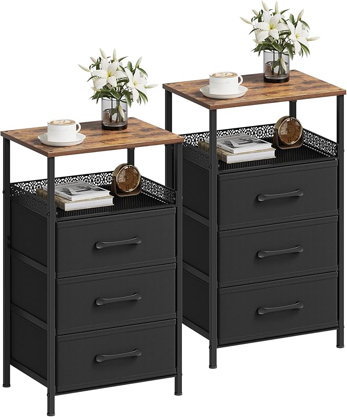 Night Stand Set of 2, Nightstands with 3 Fabric Drawers, Side Table with Open Storage Shelf, Security Metal Mesh, Bedside Tables for Bedroom, Living Room, Small Spaces, Rustic Brown