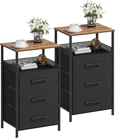 Night Stand Set of 2, Nightstands with 3 Fabric Drawers, Side Table with Open Storage Shelf, Security Metal Mesh, Bedside Tables for Bedroom, Living Room, Small Spaces, Rustic Brown