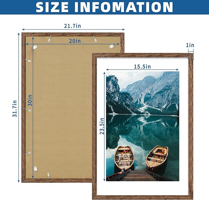 20x30 Frame Set of 2, Rustic Brown Wood Style - Display 16x24 Picture with Mat or 20 x 30 Poster without Mat, Wall Mounting Horizontal and Vertical