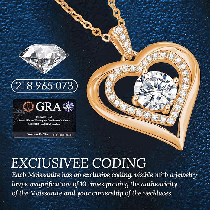 Moissanite Heart Pendant Necklaces for Women, 925 Sterling Silver Gold Plating Lab-Created Gem Necklace Engraved with 'I LOVE YOU', Ideal Anniversary Birthday Christmas Valentine Engagements Mothers Day Jewelry Gifts for Mom Wife Girlfriend Daughter Her