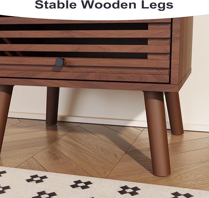 Nightstand, Side Table, End Table, Mid Century Modern Nightstand with Hollowed Drawers, Bedside Tables, Small Nightstands with Storage for Bedroom, Living Room, Walnut